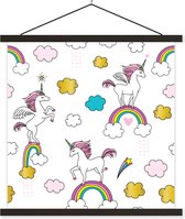 Posterhanger incl. Poster 120x120 cm - Schoolplaat - Een illustratie van eenhoorns op regenbogen - Meisjes - Kinderen - Kids - Textielposter - Zwarte latten