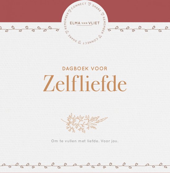 Voorpagina dagboek 'Dagboek voor Zelfliefde' met gouden tekst en takjes versiering.