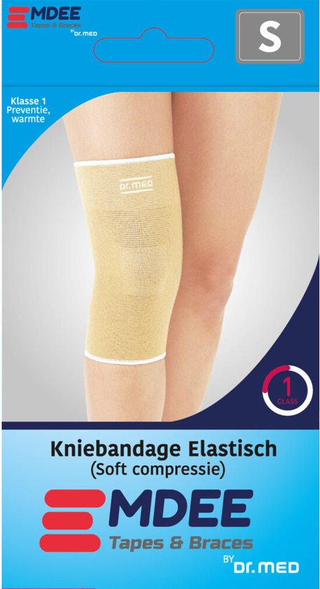 Kniebandage maat S op een model van een been, beige met witte randen.