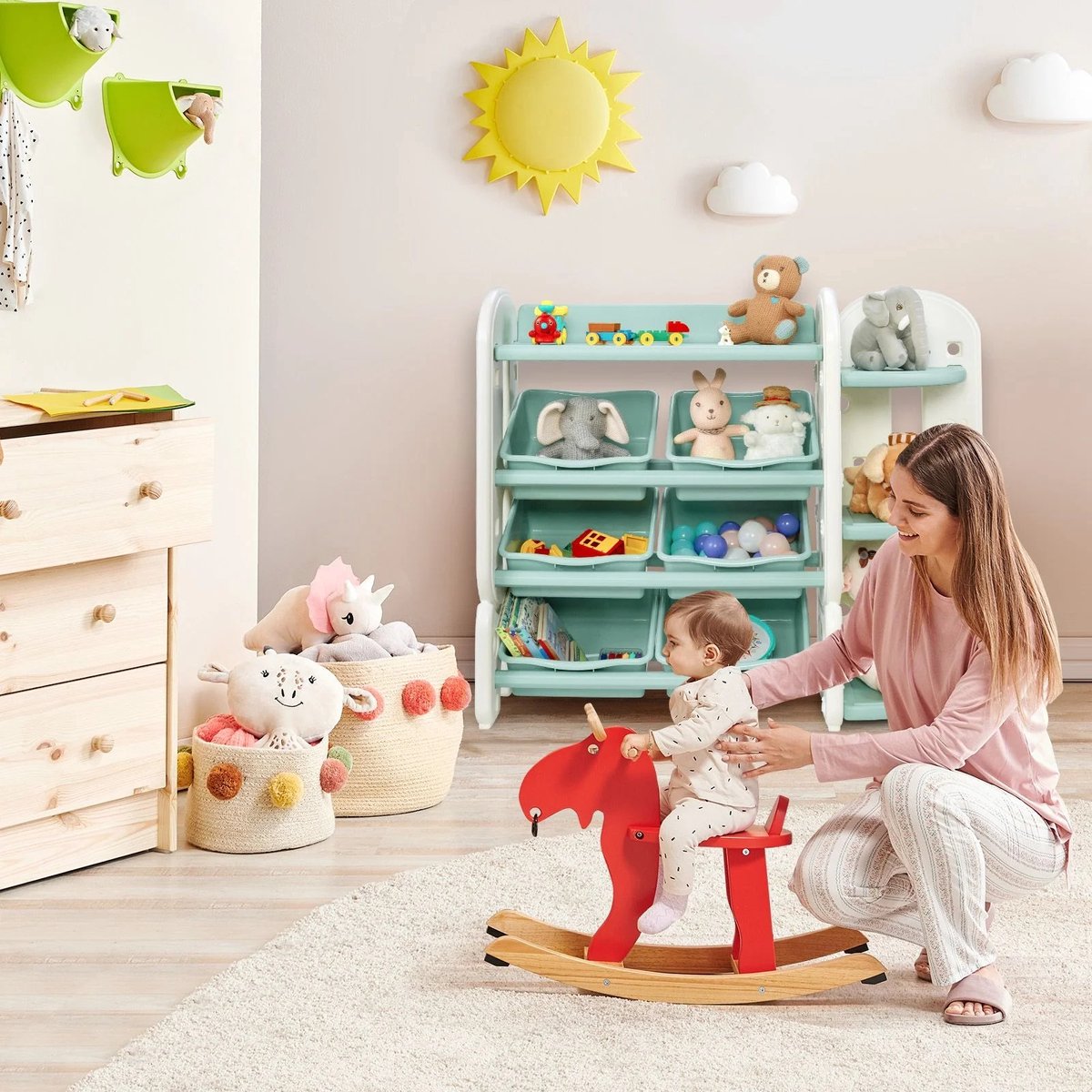 FURNIBELLA - speelgoedplank voor kinderboeken met 6 verwijderbare bakken en opbergruimte voor hoekplanken