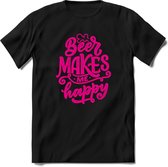 Beer makes me happy | Feest kado T-Shirt heren - dames | Roze | Perfect drank cadeau shirt |Grappige bier spreuken - zinnen - teksten