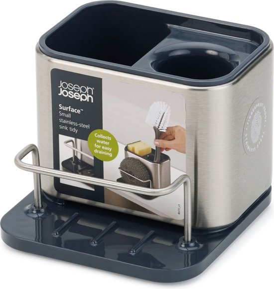 Petit organisateur d'évier en acier inoxydable avec base en plastique gris foncé et compartiments.