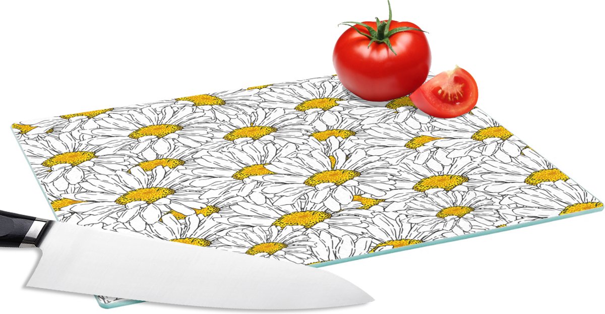 Glazen Snijplank - 28x20 - Bloemen - Wit - Lente - Patronen - Snijplanken Glas
