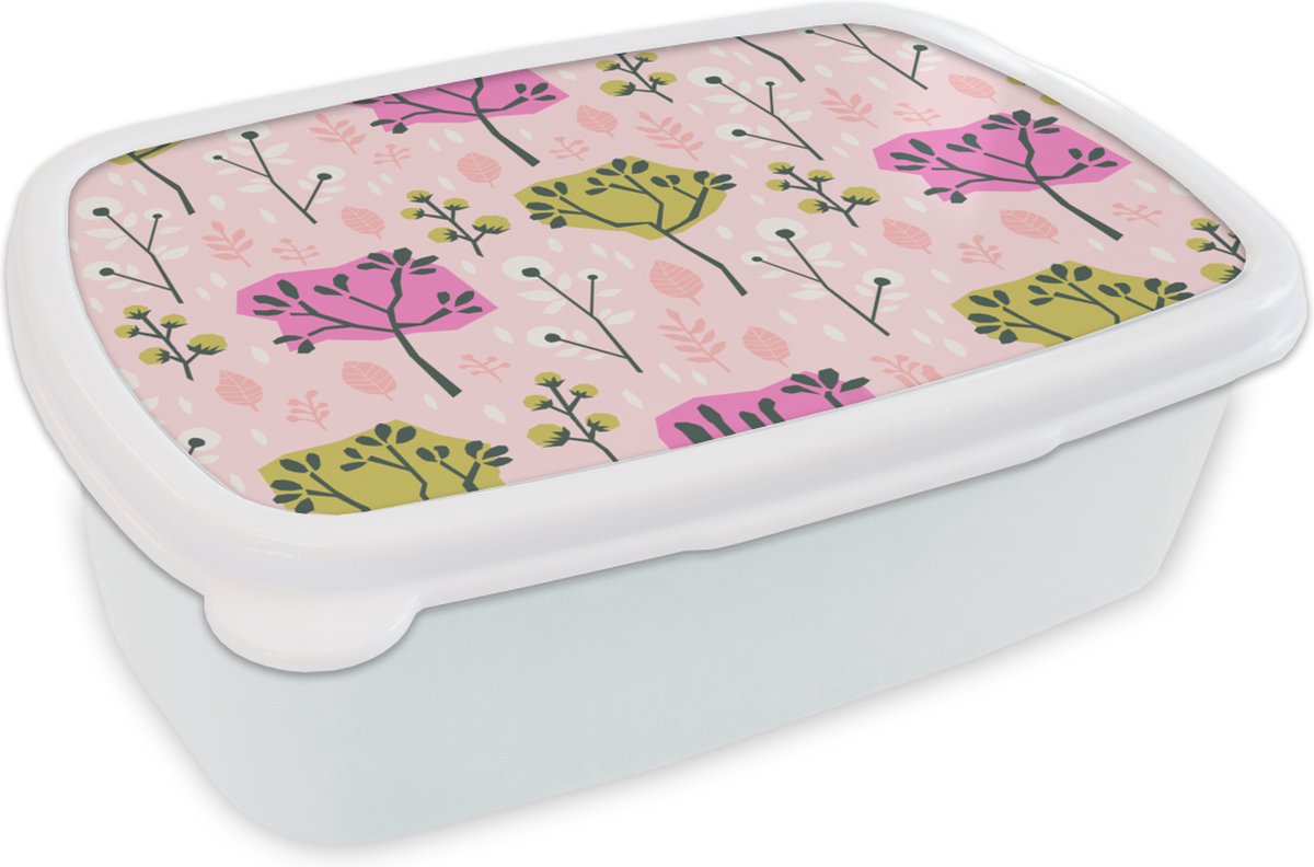 Broodtrommel Wit - Lunchbox - Brooddoos - Roze - Bomen - Bladeren - Design - 18x12x6 cm - Volwassenen
