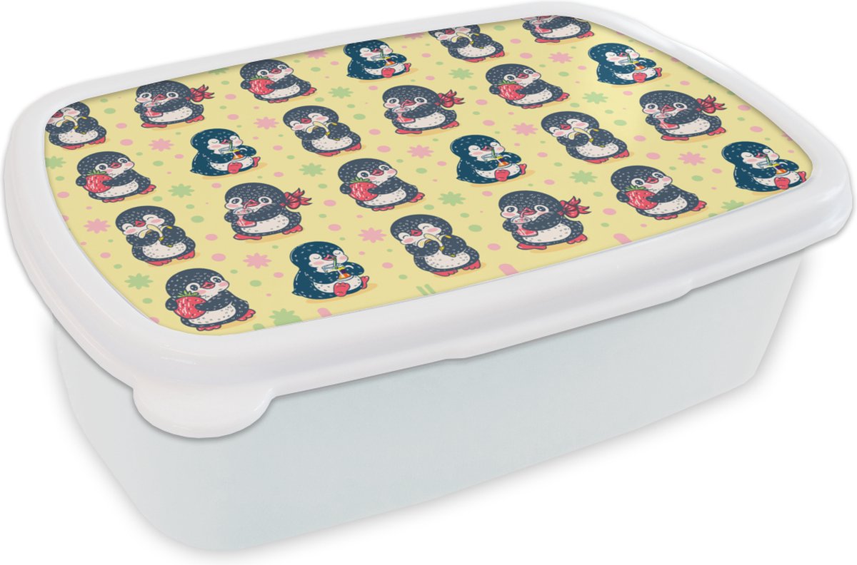 Broodtrommel Wit - Lunchbox - Brooddoos - Aardbei - Design - Pinguïn - 18x12x6 cm - Volwassenen