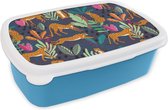 Broodtrommel Blauw - Lunchbox - Brooddoos - Patroon - Cheetah - Jungle - 18x12x6 cm - Kinderen - Jongen