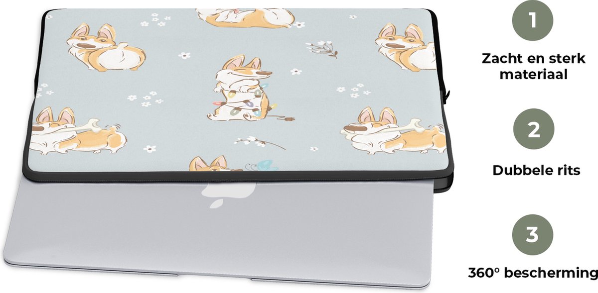 Laptophoes 15.6 inch - Patroon - Hond - Corgi - Jongens - Meisjes - Kinderen - Kids - Laptop sleeve - Binnenmaat 37x26 cm - Zwarte achterkant