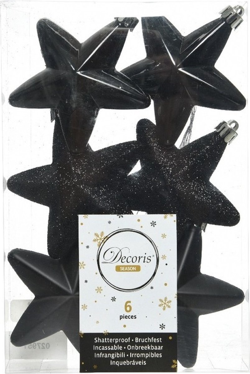 Decoris kersthangers - 6 stuks - 7.5cm - kunststof - mix Zwart