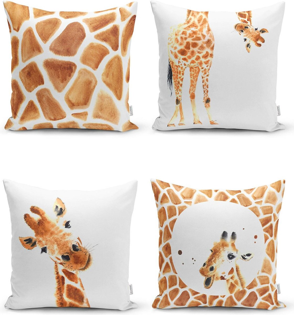 Sierkussens set 4 stuks - INCLUSIEF BINNENKUSSENS 45x45 cm - giraffe - wit - bruin - dubbelzijdig bedrukt - kussensloop - kussens woonkamer - kussenhoes