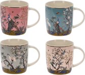 Set van 4 porseleinen mokken 320 ml met kraanvogels, reigers en pauwen in roze- en blauwtinten