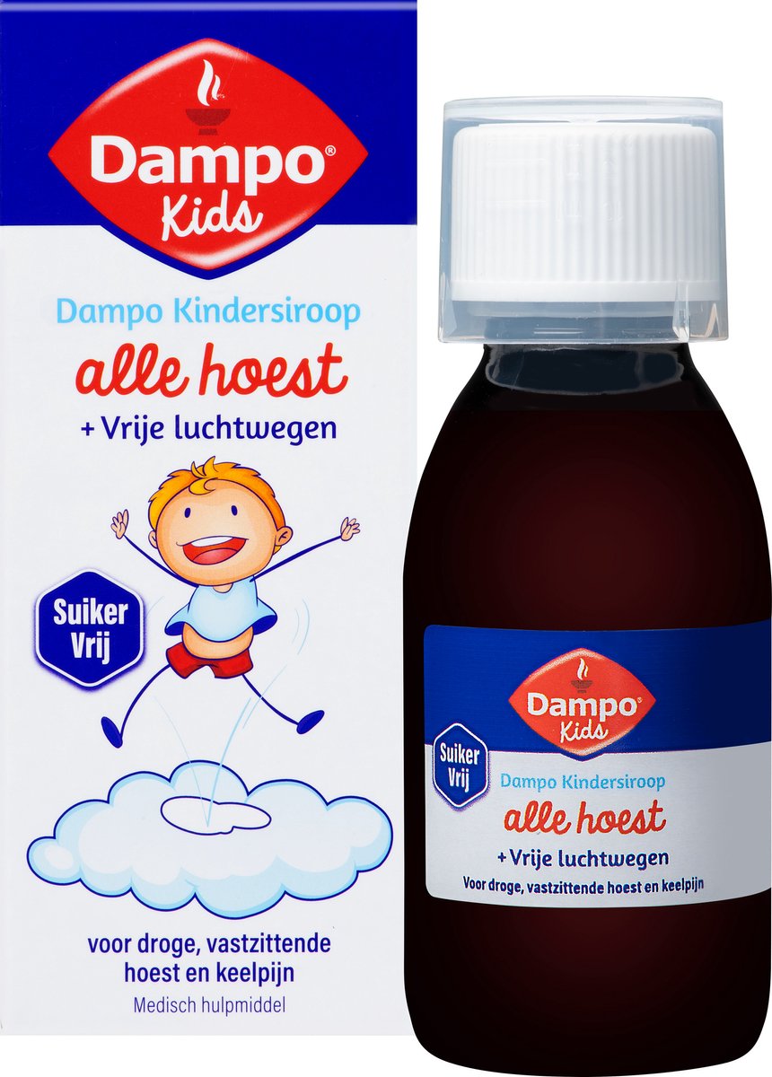 Goedkoopste Dampo Kids Kindersiroop Alle hoest Vrije luchtwegen - Voor droge, vastzittende hoest en keelpijn - Suikervrij - Medisch hulpmiddel - 120 ml