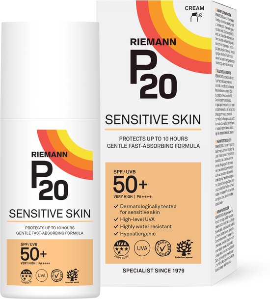 P20 Sensitive SPF 50+ fles en doosje met keurmerken.