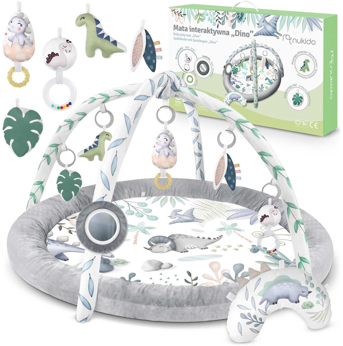 Speelkleed baby - babygym - 98x78 cm - dinosaurus - grijs, wit, groen - Nukido
