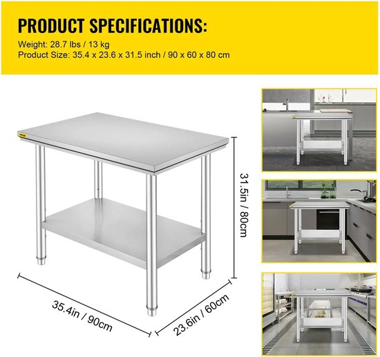 VEVOR Mesa De Preparación De Comida De Acero Inoxidable 60 X 76 X 80 Cm Tabla De Cocina Profesional Capacidad De Carga 750 Kg Tabla De Trabajo De Cocina De Catering Ajustable Para Restaurante Escuela