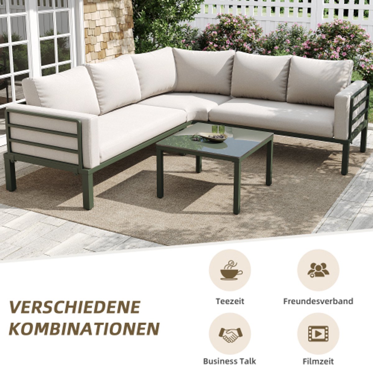 Tuinmeubelset (4-5 zitplaatsen), 1 salontafel van gehard glas, groen gegalvaniseerd ijzeren frame, comfortabel tuinmeubilair, beige zitkussens en kussens met verstelbare poten thumbnail 4
