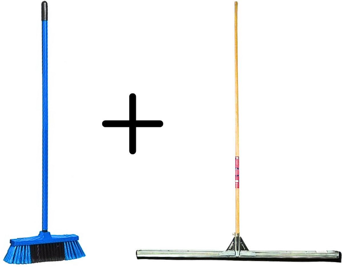 Synx Tools Binnenbezem Blauw + Vloertrekker 100cm met Steel 150cm - Kamerveger – Vloerreiniger – Moppen - Zachte bezem met steel 130cm