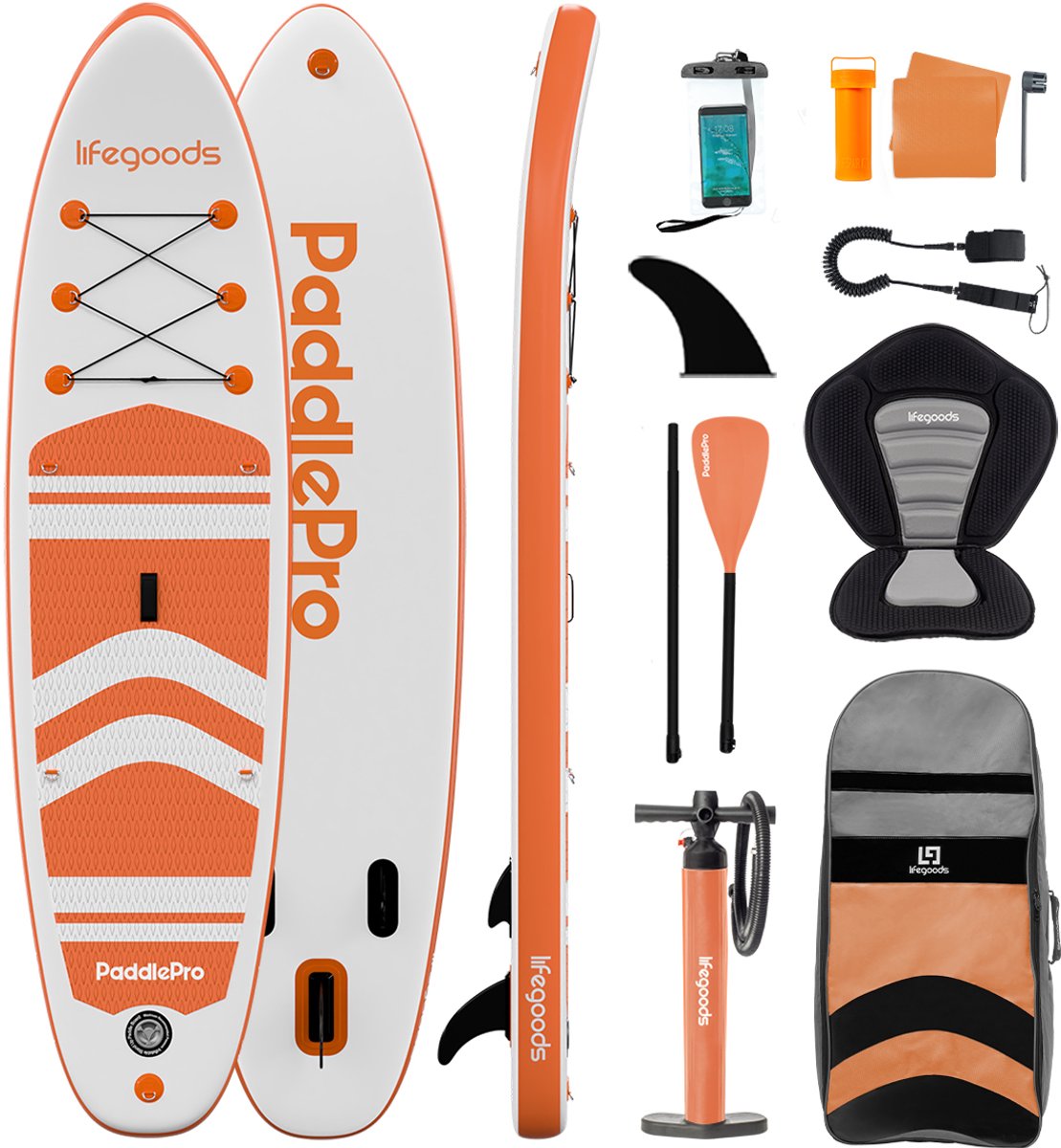 LifeGoods PaddlePro SUP Board - met Zitje - Opblaasbaar Paddle Board - Complete Set - Max. 135KG - 320x81cm - Wit/Oranje