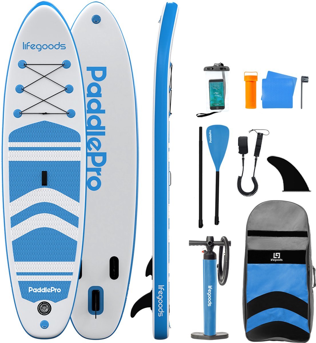 LifeGoods PaddlePro SUP Board - Opblaasbaar Paddle Board - Complete Set - Max. 135KG - 320x81cm - Wit/Sky Blue