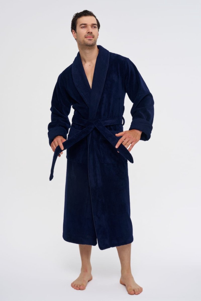 Luxe Heren Badjas Davey/ Navy Blauw/ maat L/XL