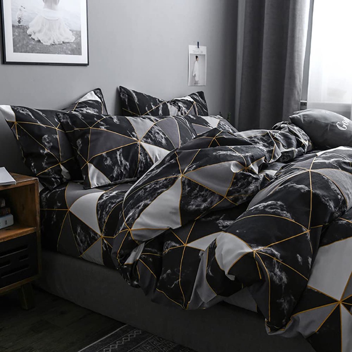 My Ninki ® Elegante Marmerlook Beddengoedset met Geometrisch Patroon en Omkeerbaar Ontwerp, 4-delig Set