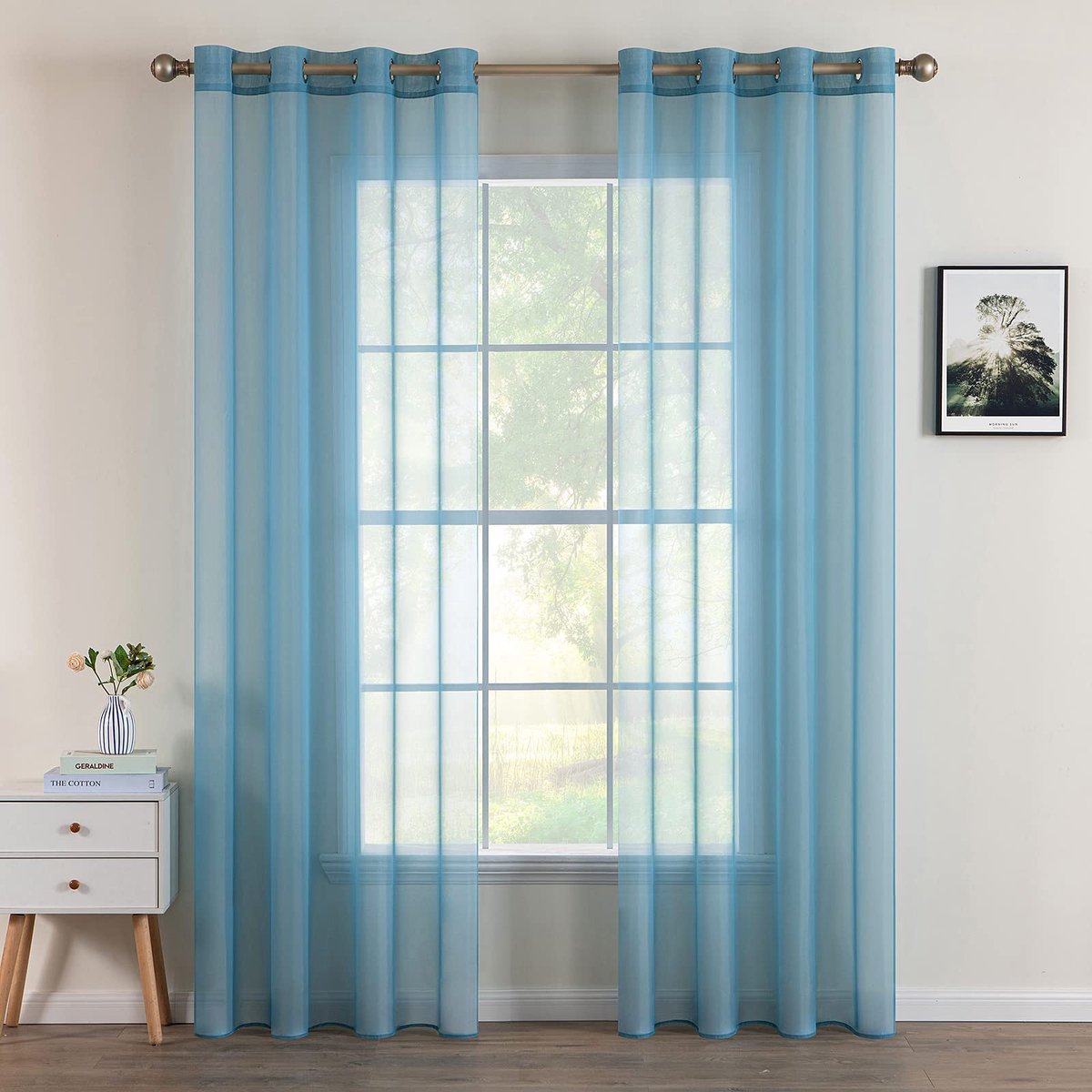 My Ninki ® Transparante Polyester Gordijnen Set van 2 met Oogjes voor Woon- en Slaapkamer, Grijs/Blauw, 260x140 cm