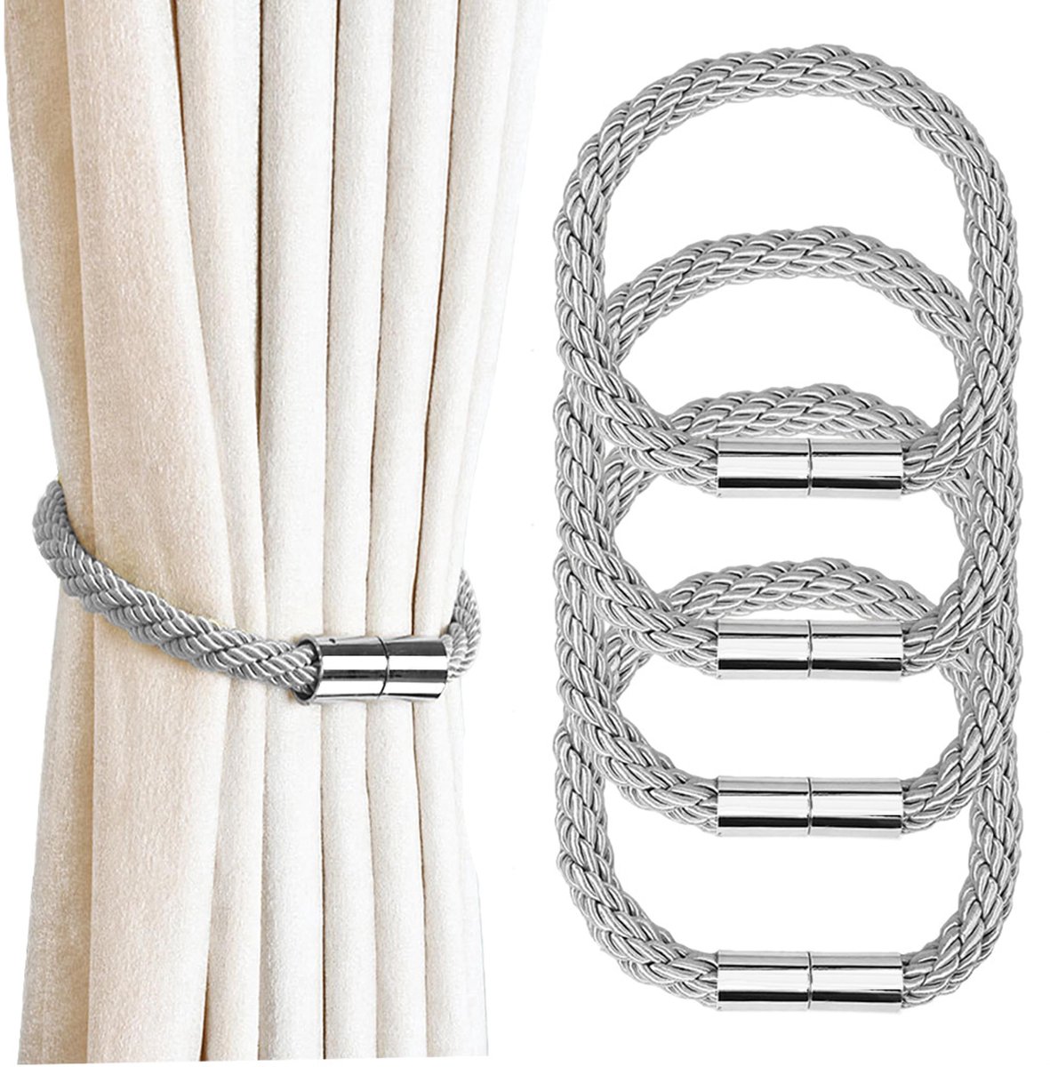 My Ninki ® Stijlvolle Magnetische Gordijnhouders Set van 4 met Vernikkelde Magneet en Polyester Touw