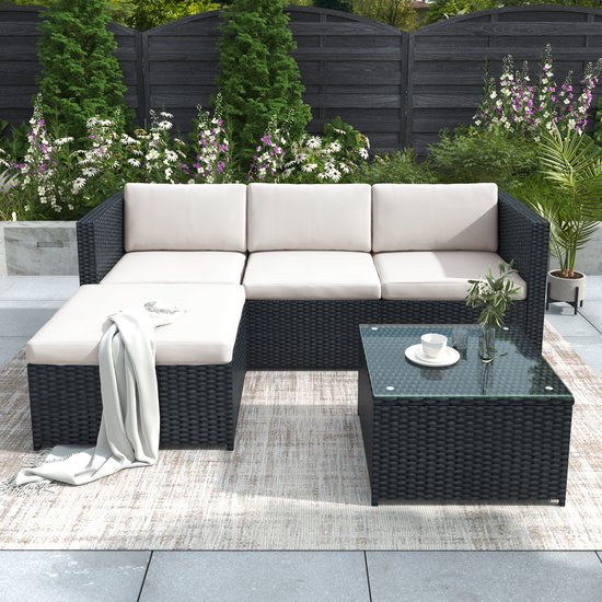 Sweiko Loungeset - Poly Rotan - Tuinmeubilair - Hoekbank - Met tafel - Inclusief kussens - Zwart