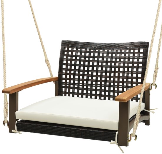 COSTWAY Hangstoel, blauw, hangstoel tot 180 kg belastbaar, hangstoel met kussen, metalen frame en hangtouwen, schommelstoel voor veranda en achtertuin