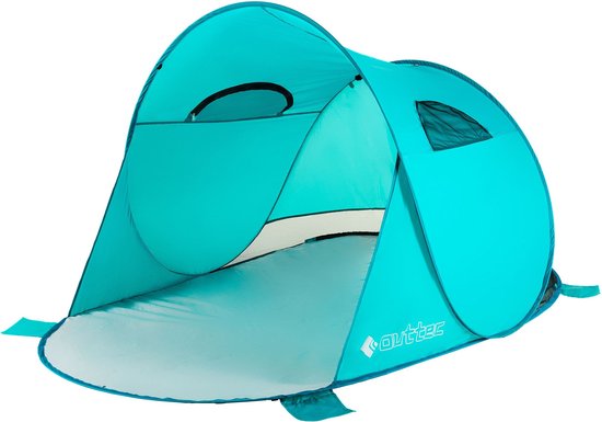 Turquoise pop-up strandtent met Outtec logo, grondzeil en mesh ventilatie. De tent staat op het strand.
