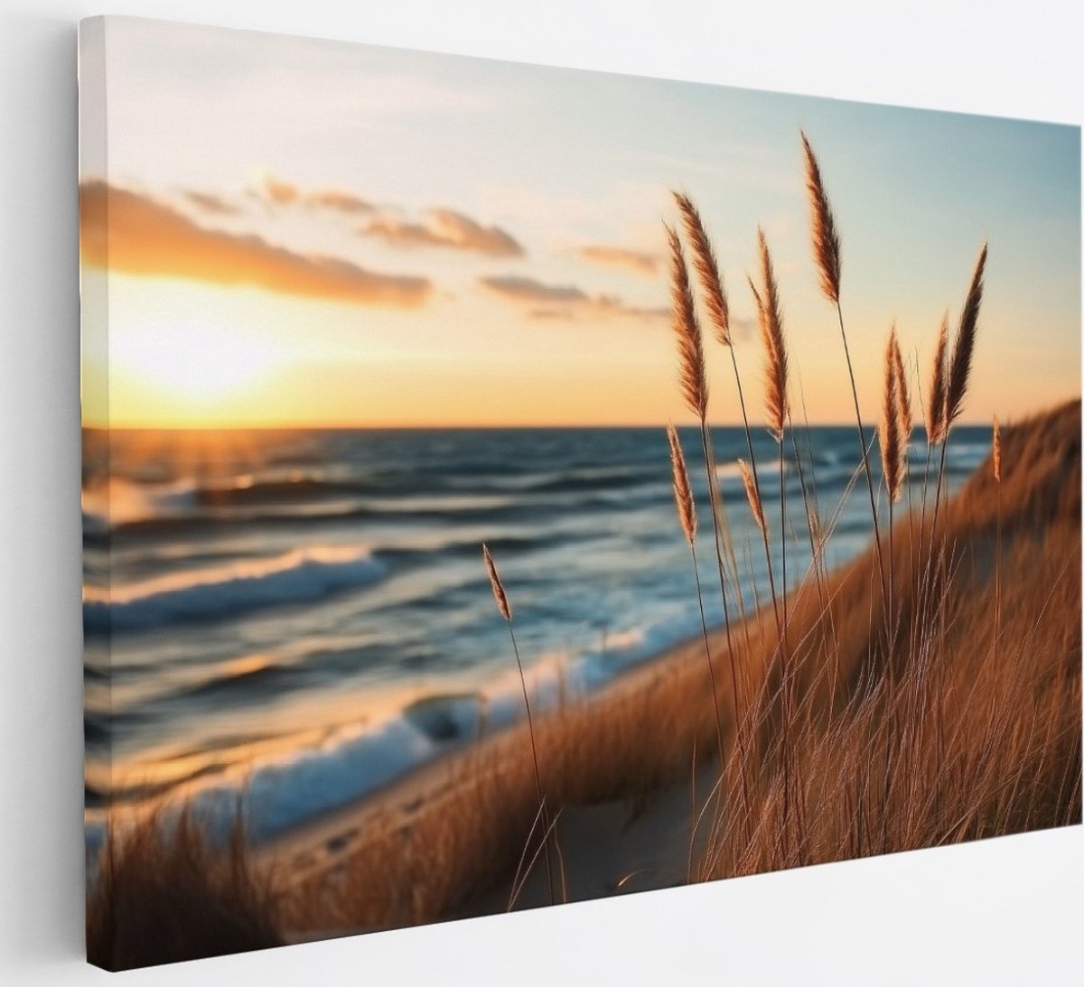 Saammp Canvas Schilderij - Helmgras met zonsondergang - strand - zee - Duinen - 30x20 - Foto op canvas - Wanddecoratie - muurdecoratie Woonkamer - Slaapkamer decoratie - Canvas Print Multicolor