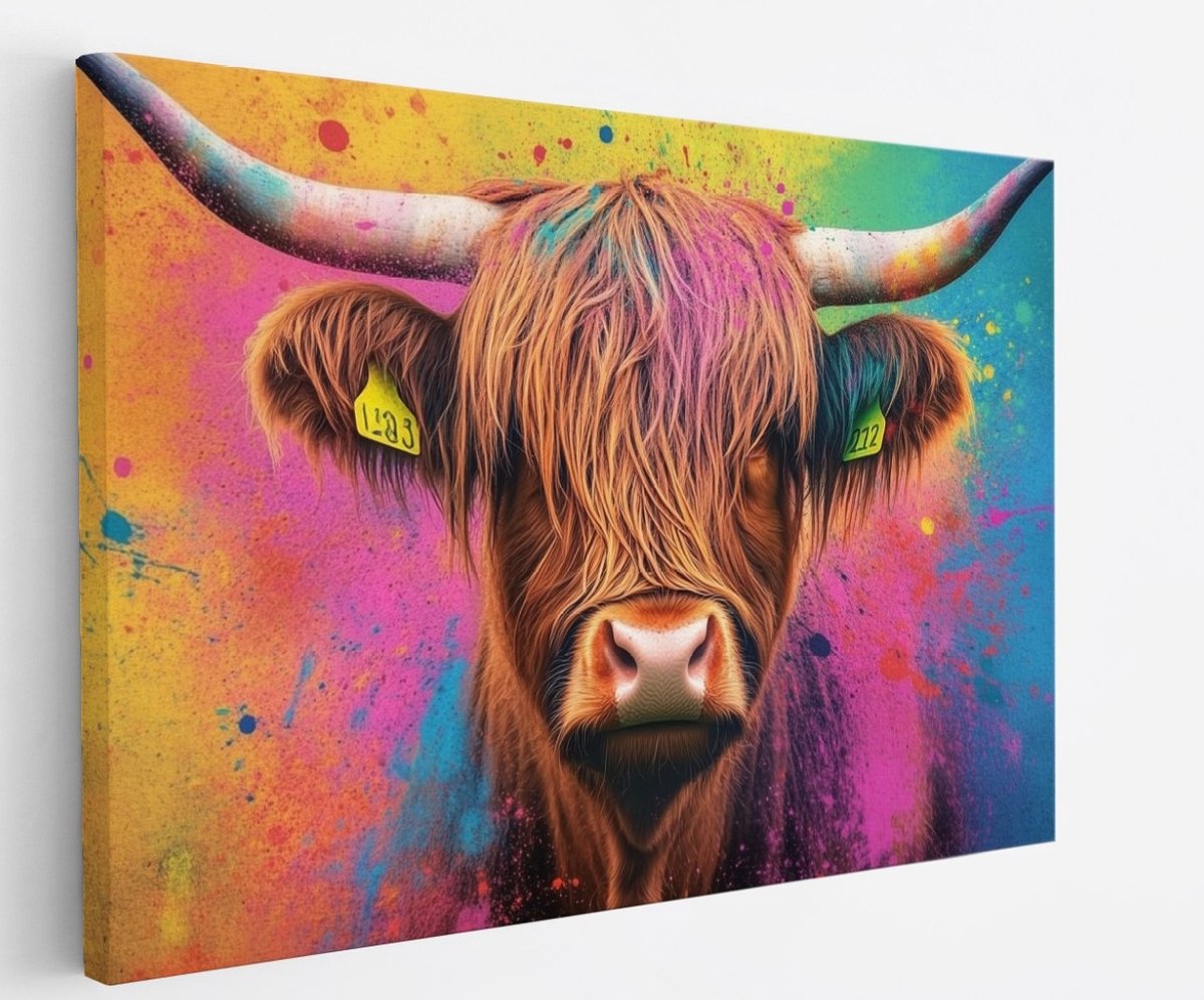 Saammp Canvas Schilderij - Schotse Hooglander Koe - Abstract - Kleurrijk - Dieren - Natuur - 90x60 - Foto op canvas - Wanddecoratie - muurdecoratie Woonkamer - Slaapkamer decoratie - Canvas Print Multicolor