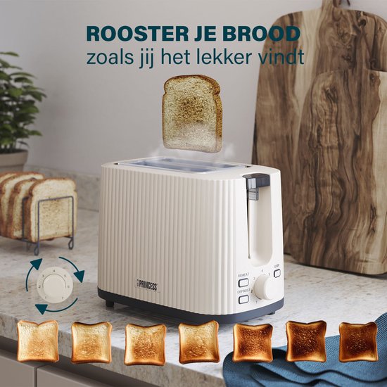 Crèmekleurige Princess broodrooster met ribbelstructuur, met verschillende gradaties geroosterd brood.