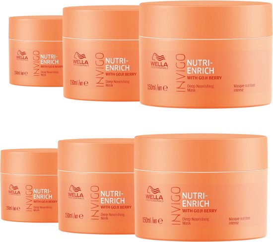 Vijf oranje potten Wella Invigo Nutri Enrich haarmasker in verschillende formaten op een witte achtergrond.