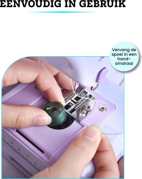 Een groene spoel garen wordt in een paarse naaimachine geplaatst.