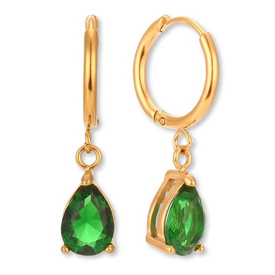 Marama - Oorbellen Esmee Groen - damesoorbellen - stainless steel gold plated - 18k goud - oorbellen - kliksluiting - groene zirkonia - gouden hoops