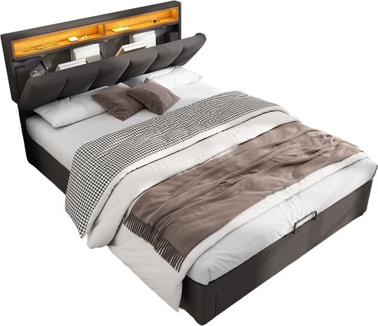 Gestoffeerd bed, 140 x 190 cm, led-tweepersoonsbed met 4