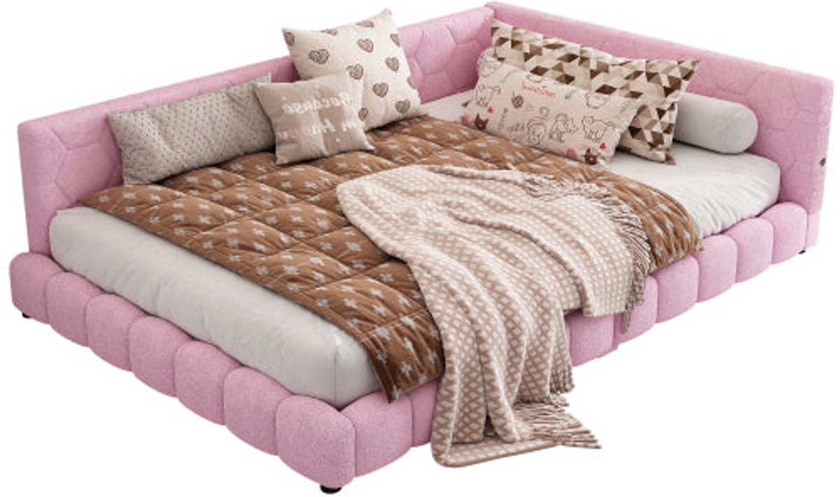 Merax Tweepersoonsbed 140x200 met 16-kleuren LED en USB-C Aansluiting – Gestoffeerd Bed met Lattenbodem – Fluweel Roze