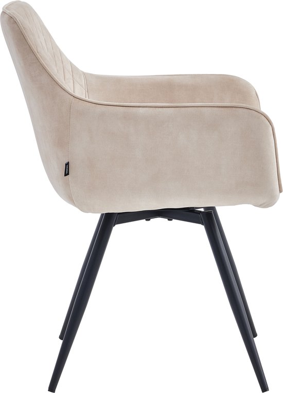 Zijkant beige Adoré Velvet eetkamerstoel met ruitpatroon, zwarte draaipoot.