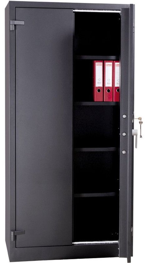 Donkergrijze kast met open deur, aan de binnenkant vier planken met drie rode ordners.
