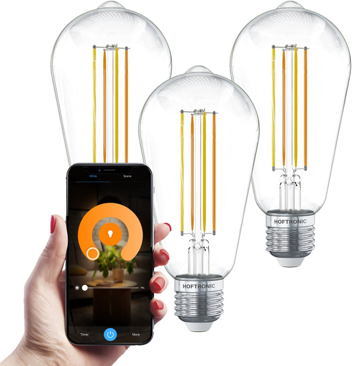 HOFTRONIC Set van 3 Smart E27 LED Filament Lampen - 7 Watt 806 lumen - ST64 Helder - 1800-3000K - Dimbaar - Edison lamp