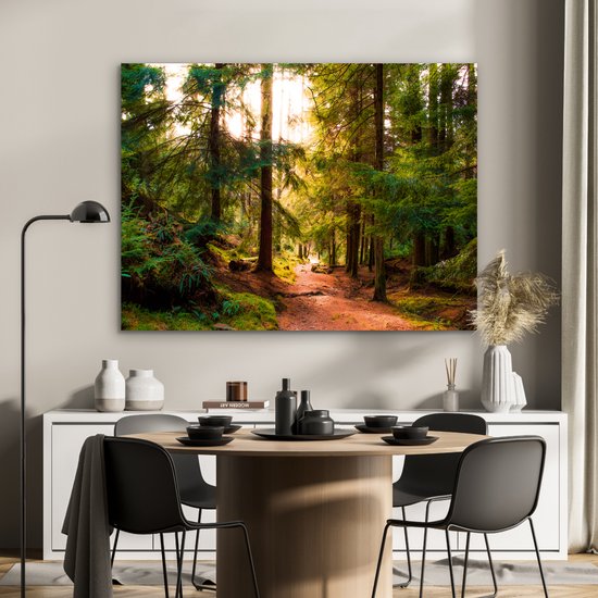 Aluminium schilderij 120x90 cm - Wanddecoratie metaal - Bos - Pad - Bomen - Groen - Zon - Natuur - Metalen muurdecoratie woonkamer - Decoratie industrieel - Foto op dibond - Industriële accessoires slaapkamer