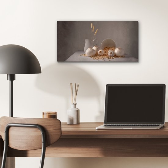 Aluminium schilderij 40x20 cm - Wanddecoratie metaal - Uien - Stilleven - Wit - Beige - Metalen muurdecoratie woonkamer - Decoratie industrieel - Foto op dibond - Industriële accessoires slaapkamer