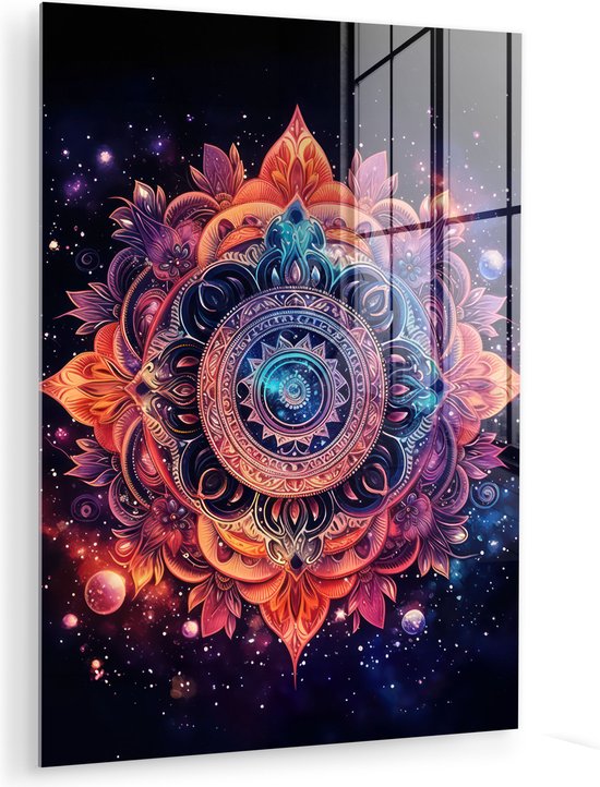 MuchoWow® Tableau sur verre 120x160 cm - Tableau sur verre acrylique - Mandala - Galaxie - Couleurs - Photo sur verre - Décoration murale salon - Décoration murale chambre - Peintures