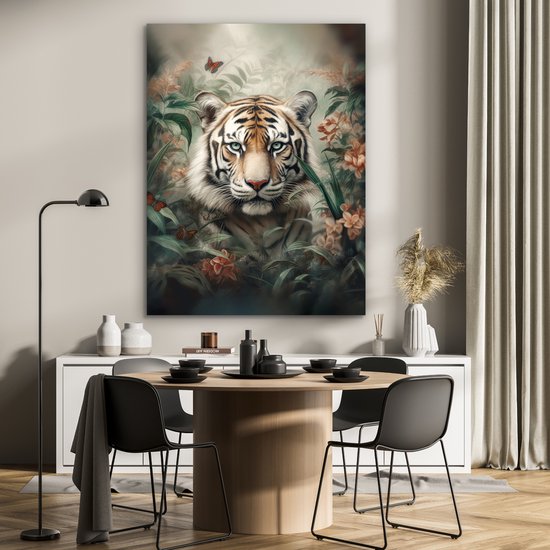 Décoration murale Métal - Peinture Aluminium Industriel - Tigre - Papillons - Animaux - Jungle - Fleurs - 90x120 cm - Dibond - Photo sur aluminium - Décoration murale industrielle - Pour le salon/chambre