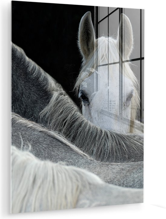 MuchoWow® Tableau sur verre 120x160 cm - Tableau sur verre acrylique - Paarden - Animaux - Zwart - Wit - Photo sur verre - Décoration murale salon - Décoration murale chambre - Peintures