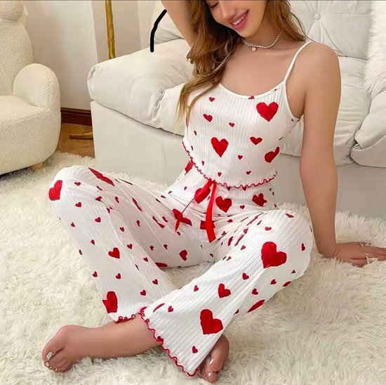 Dames pyjama Set - Kort Vest + Broek Wit Ademend Zacht Casual Love Print - Small
