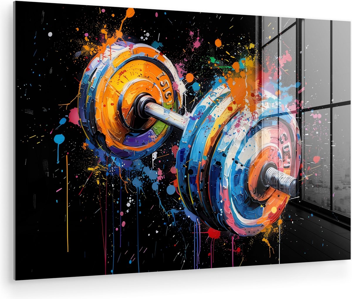 MuchoWow® Glasschilderij 180x120 cm - Schilderij acrylglas - Graffiti - Sport - Fitness - Dumbbell - Gym - Foto op glas - Muurdecoratie woonkamer - Wanddecoratie slaapkamer - Schilderijen