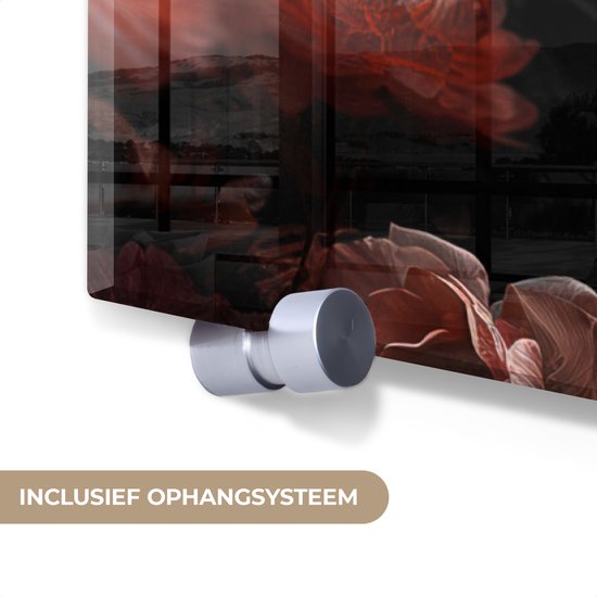 MuchoWow® Glasschilderij 120x90 cm - Schilderij acrylglas - Leeuw - Dier - Natuur - Botanisch - Bloemen - Roze - Foto op glas - Muurdecoratie woonkamer - Wanddecoratie slaapkamer - Schilderijen