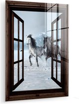 MuchoWow® Glasschilderij 120x160 cm - Schilderij acrylglas - Paarden - Winter - Dieren - Natuur - Doorkijk - Foto op glas - Muurdecoratie woonkamer - Wanddecoratie slaapkamer - Schilderijen