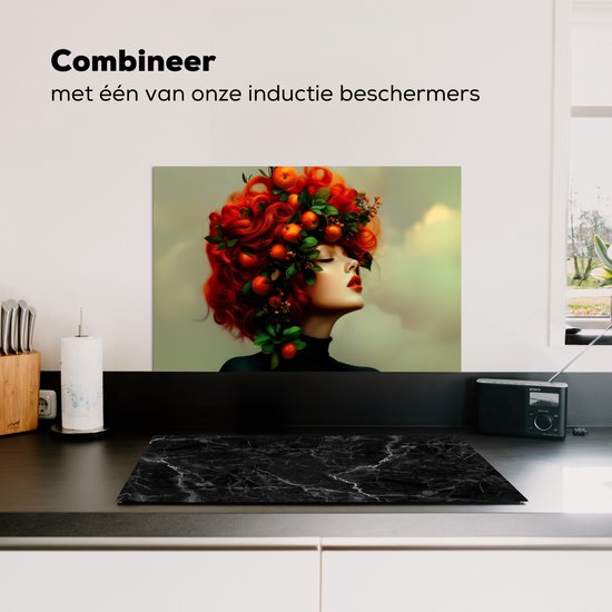 Crédence de Cuisinière en Aluminium 70x50 cm - Femme - Pommes - Rouge - Feuilles - Écran Pare-éclaboussures pour Plaque de Cuisson - Protection Murale